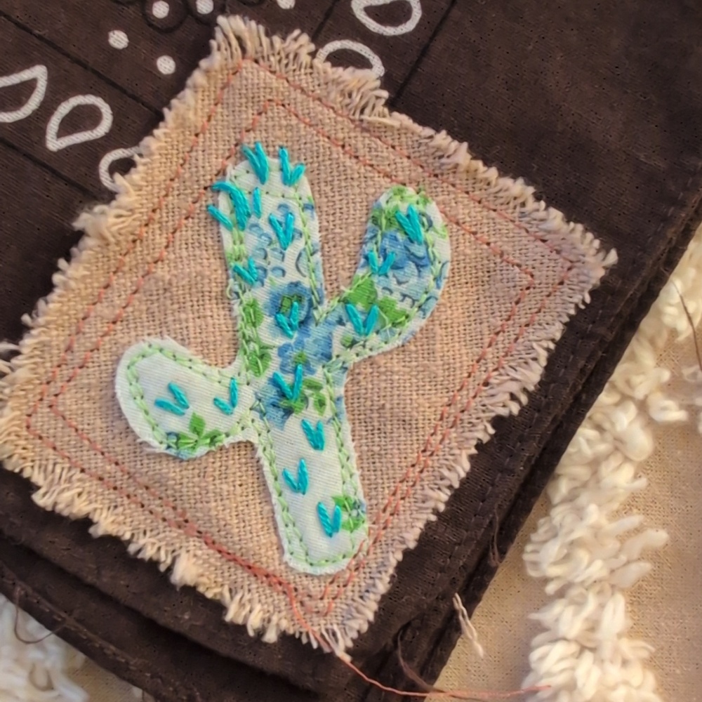 Bandana scarf w cactus, upcycled, embroidery cactus patch, Pick 1 HANDMADE ITEM - Picture 12 of 16